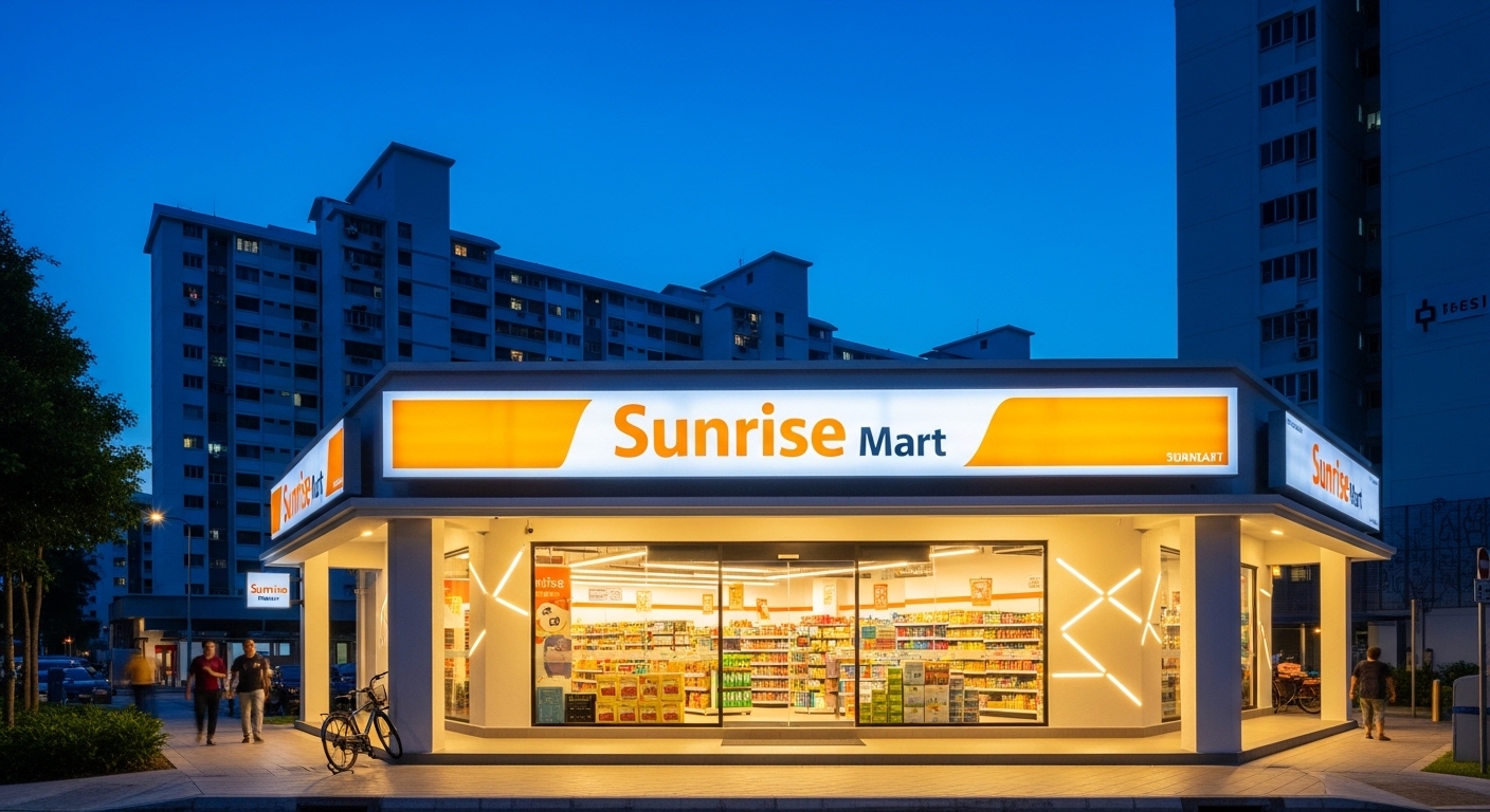 Modern New Econ minimart storefront with bright welcoming exterior